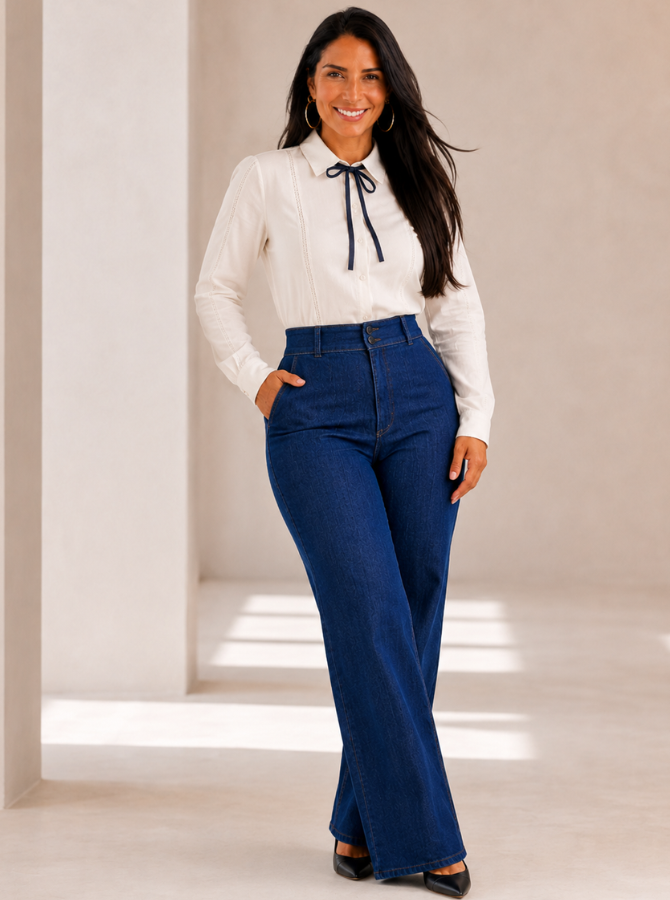 Calça Pantalona Jeans Cós Alto Premium